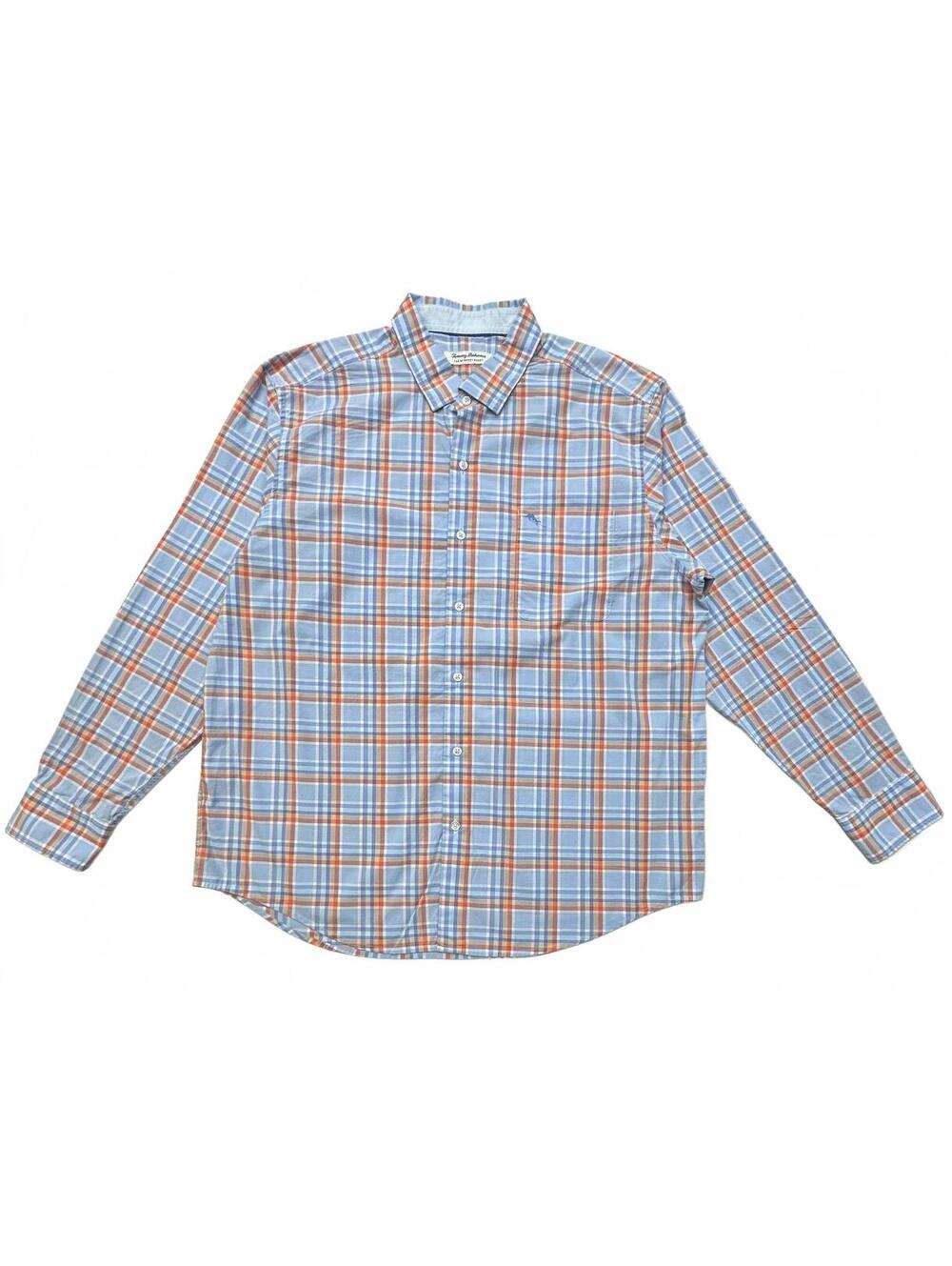 Tommy Bahama Men's XL Blue and Orange Plaid Long Sleeve Button-Up Shirt